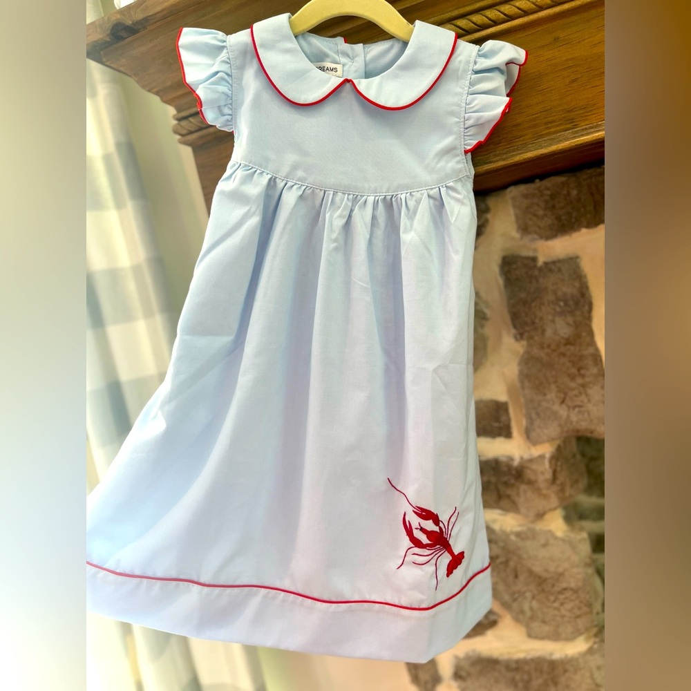 Sweet Dreams light blue with red trim Lobster embroidered dress